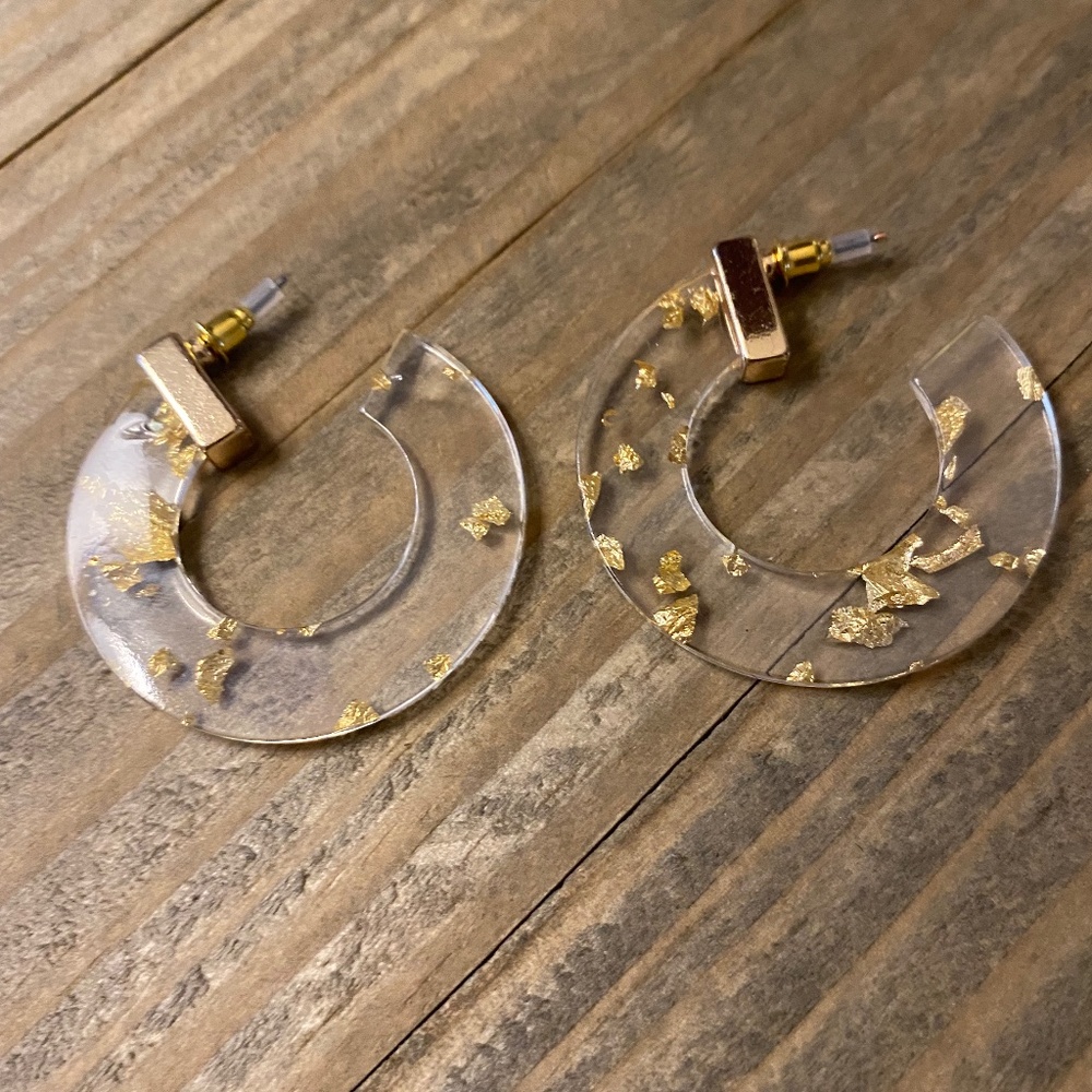 Clear Hoops Earrings with Specks of Gold foil.
